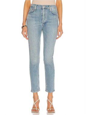 Agolde Nico High Rise Slim Fit Light Wash Jeans in Embark Blue Revolve Hemmed 26
